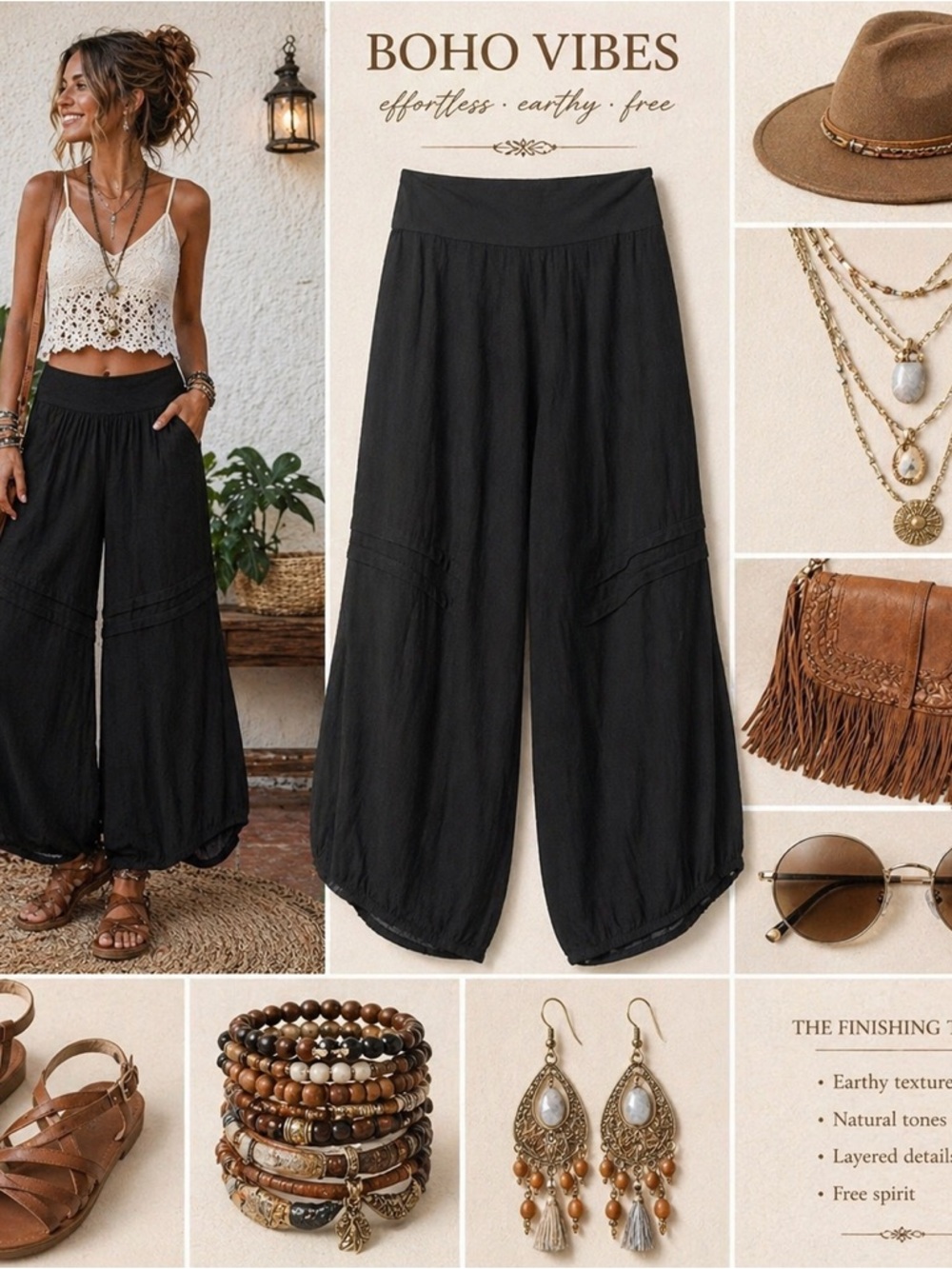 Black Boho Wide Leg Pants | Flowy Relaxed Festival Lounge Pants Size L/XL NWT - Picture 4 of 8